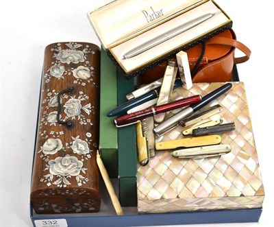 Lot 332 - A collection of fountain and other pens, a mother-of-pearl box, a mother-of pearl inlaid...