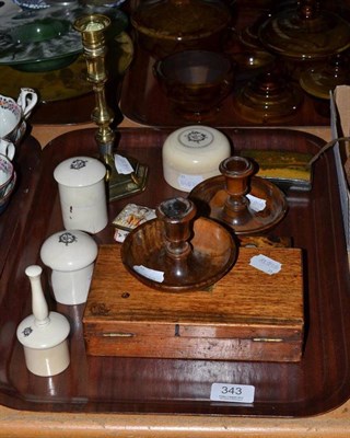 Lot 343 - Olive wood Brighton Bun, 18th century brass candlestick, four Victorian ivory boxes, mahogany...