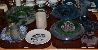 Lot 345 - Two trays including blue, green and amethyst Cloud glass, a Beatles plate, Doulton character...