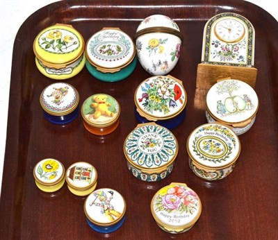 Lot 354 - Halcyon Days enamel timepiece, an egg shaped box, ten others and two Crummles boxes