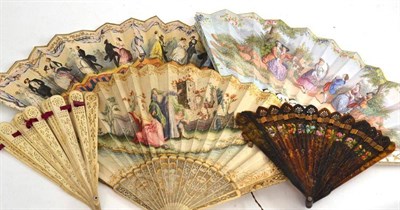 Lot 355 - Five assorted fans including a bone example with twenty-one blades and an ivory example...