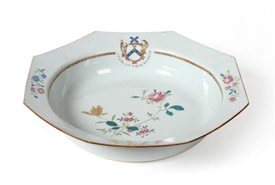 Lot 127 - A Chinese Armorial Porcelain Octagonal Basin, Qianlong, painted in famille rose enamels with a rose