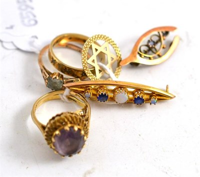 Lot 381 - Two 9ct gold rings, two rings stamped '9CT' and a 9ct gold pendant, opal set brooch and another...