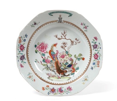 Lot 130 - A Chinese Armorial Porcelain Octagonal Soup Plate, Qianlong, painted in famille rose enamels with a