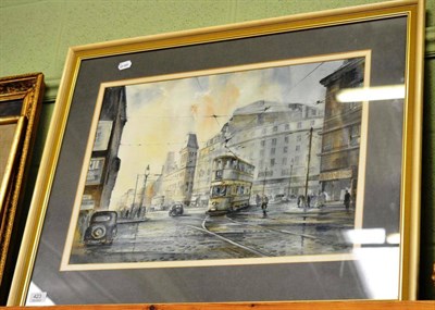 Lot 423 - P N Entwistle, trams on Church Street, Liverpool, framed watercolour