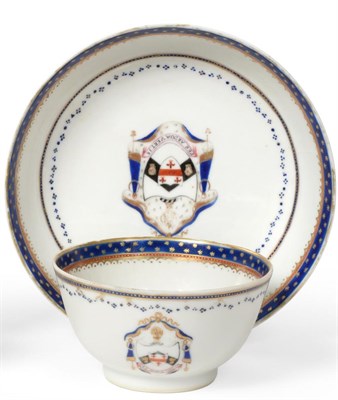 Lot 136 - A Chinese Armorial Porcelain Tea Bowl and Saucer, Qianlong, painted in enamels and gilt with...