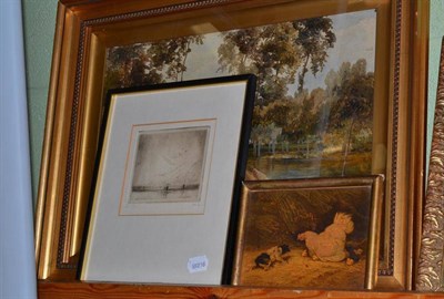 Lot 426 - An oil of a river landscape, a similar oil of a dog and hen and an etching (3)