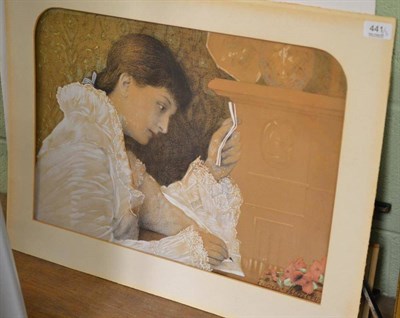 Lot 441 - Print of a lady reading and two sporting silk stevengraphs 'The Last Lap' and 'Full Cry' (a.f.)