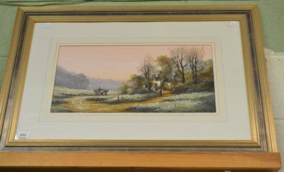 Lot 444 - Ken Hammond (b. 1948), landscape with figures beside a cottage and a horse and cart, signed,...