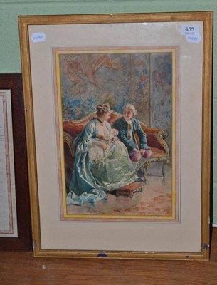 Lot 455 - Giacomo Mantegazza, a lady and gentleman seated on a couch with a baby, signed, watercolour