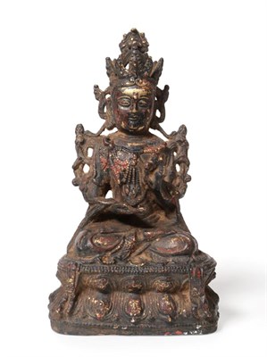 Lot 149 - A Chinese Bronze Figure of Bodhisattva, probably 16th/17th century, seated, the left hand...