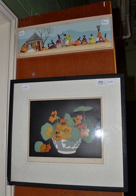 Lot 468 - Hall Thorpe, ";Nasturtiums";, signed, woodblock print, together with an African village scene...