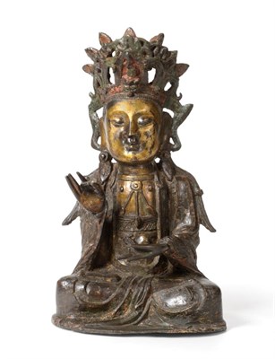 Lot 150 - A Chinese Parcel Gilt Bronze Figure of Bodhisattva, Ming period, seated in dhyanasana with...