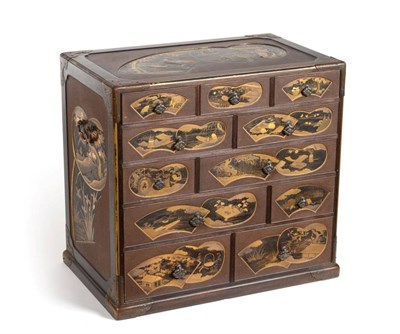 Lot 161 - A Japanese Lacquer Table Cabinet, 19th century, of rectangular form with an arrangement of...