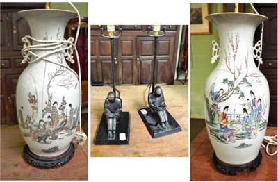 Lot 526 - A pair of Chinese vases as lamps with two wood stands and a pair of modern lamps