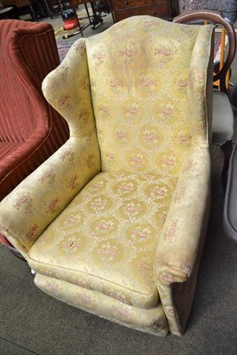 Lot 532 - A wing armchair upholstered in gold floral brocade and a pair of Victorian rosewood balloon...