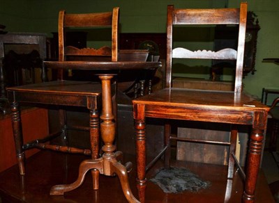 Lot 569 - A mahogany six height narrow chest of drawers, pair of panelled seated side chairs and a tripod...