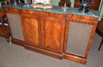 Lot 596 - Mahogany reproduction breakfront side cabinet with marble top and key