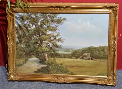 Lot 724 - J. Goddard (20th/21st century), landscape with a harvest scene, signed, oil on canvas together with