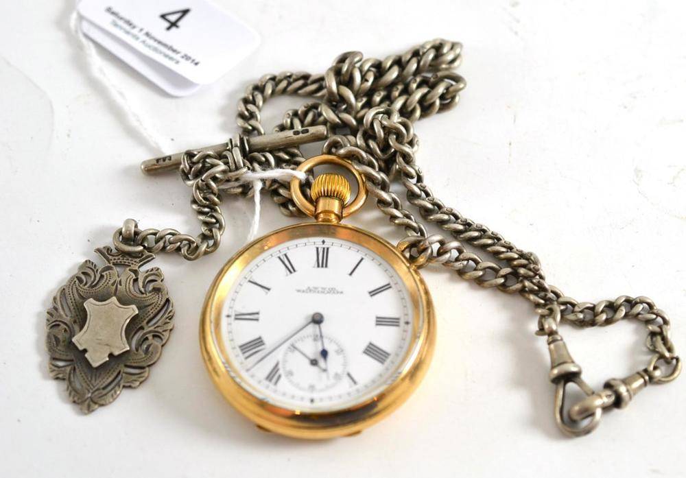 Lot 4 - A gold plated pocket watch signed Waltham Mass and a silver watch chain