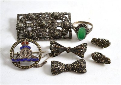 Lot 17 - Silver and marcasite brooch, pair of earrings and four other items