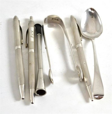 Lot 28 - Three silver pencils, cheroot holder, sugar tongs and spoon