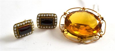 Lot 30 - Garnet and pearl earrings and a yellow paste brooch