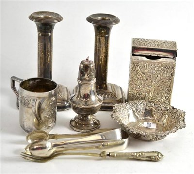 Lot 45 - A pair of silver dwarf candlesticks, silver pepperette, two silver sugar nips, a Victorian...