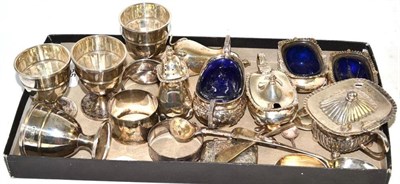 Lot 55 - Four silver egg cups, three napkin rings, silver vesta, assorted teaspoons, silver salts, etc