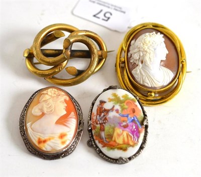 Lot 57 - A cameo brooch, carved with a classical portrait; another cameo brooch; a pinchbeck brooch and...