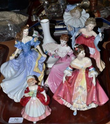 Lot 76 - Five Royal Doulton figures, a Nao figure and other china and a collection of whisky jugs