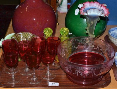 Lot 87 - Quantity of assorted coloured glassware including cranberry and Vaseline
