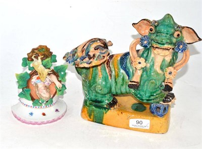 Lot 90 - Chinese straw glazed pottery lion dog and Continental china wall pocket