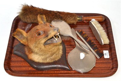 Lot 96 - Silver mounted four piece brush set, fox mask mounted on shield shape and brush
