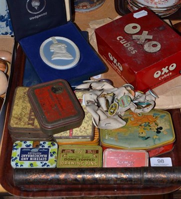 Lot 98 - Knitting needle case, other tins and Wedgwood commemorative china