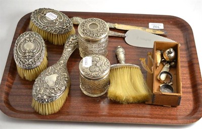 Lot 102 - Silver handled table brush, silver mounted dressing table wares etc