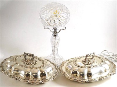 Lot 110 - Pair of plated entree dishes and covers and a cut glass mushroom lamp