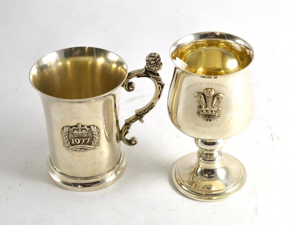 Lot 118 - Prince Charles & Diana commemorative goblet and Queen's Silver Jubilee commemorative tankard