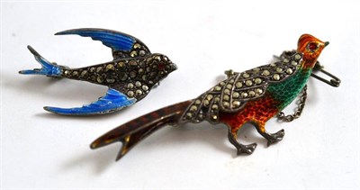 Lot 142 - Two silver, enamel and marcasite brooches