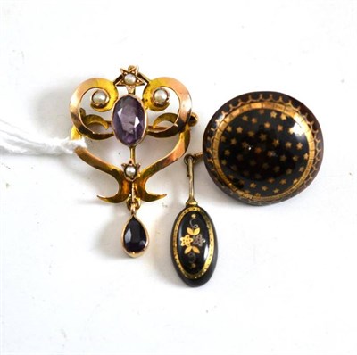Lot 153 - An amethyst and seed pearl brooch/pendant and tortoiseshell pique items