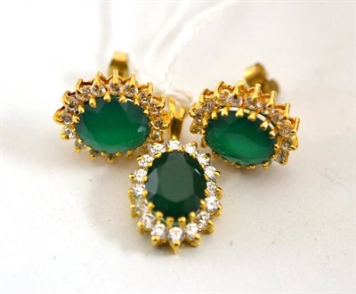 Lot 160 - A green and white stone cluster pendant and a pair of earrings stamped '18ct'