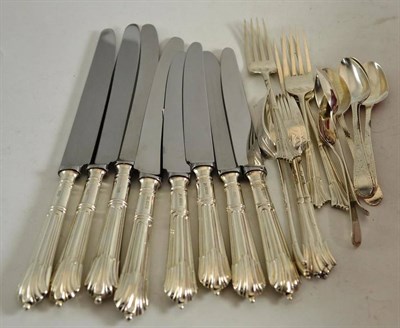 Lot 167 - Set of six bright cut silver teaspoons, set of six silver forks and eight silver handled knives