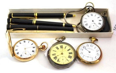 Lot 168 - Two silver pocket watches, two plated pocket watches, two gold nib fountain pens and two...