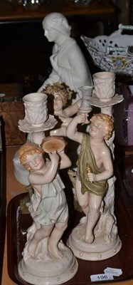 Lot 196 - A Parian figure of a seated girl, a pair of Continental glazed candlestick figures and a figure...