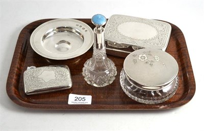 Lot 205 - Engraved silver oblong box, a cut glass toilet jar, a cut glass scent with enamelled stopper, a...