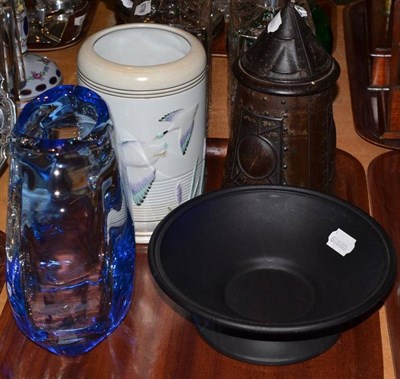 Lot 208 - Maling vase, blue art glass vase, blue glass bowl and a Huntley & Palmer tin