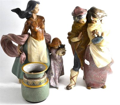 Lot 213 - Two Lladro figure groups and a Copenhagen vase