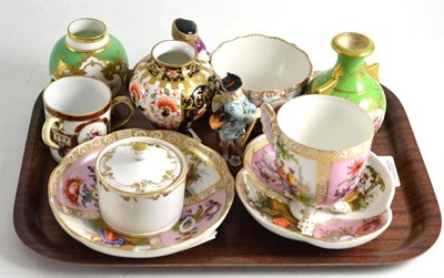 Lot 219 - Two Dresden cups, three saucers, two Royal Crown Derby vases, a Coalport vase, a Noritake tyg,...