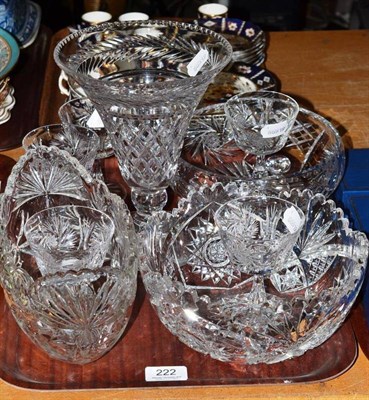 Lot 222 - A cut glass vase, three bowls and five champagne glasses