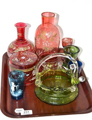 Lot 231 - Tray of assorted cranberry and Bohemian glass and a Mary Gregory blue tinted glass vase